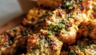 A close-up shot of grilled ranch chicken skewers seasoned with fresh herbs, served alongside charred summer corn on the cob with a creamy dipping sauce in the background. The image features high-quality food photography with warm, natural lighting, perfect for a summer dinner roundup.