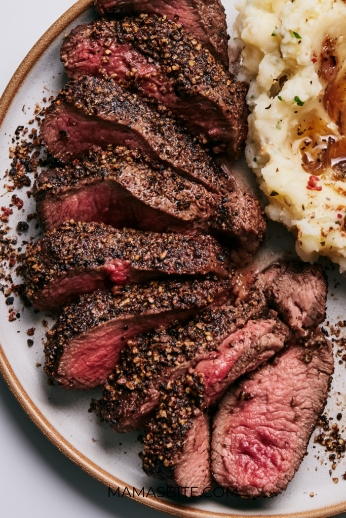 Pepper-Crusted Sirloin with Garlic Mashed Potatoes